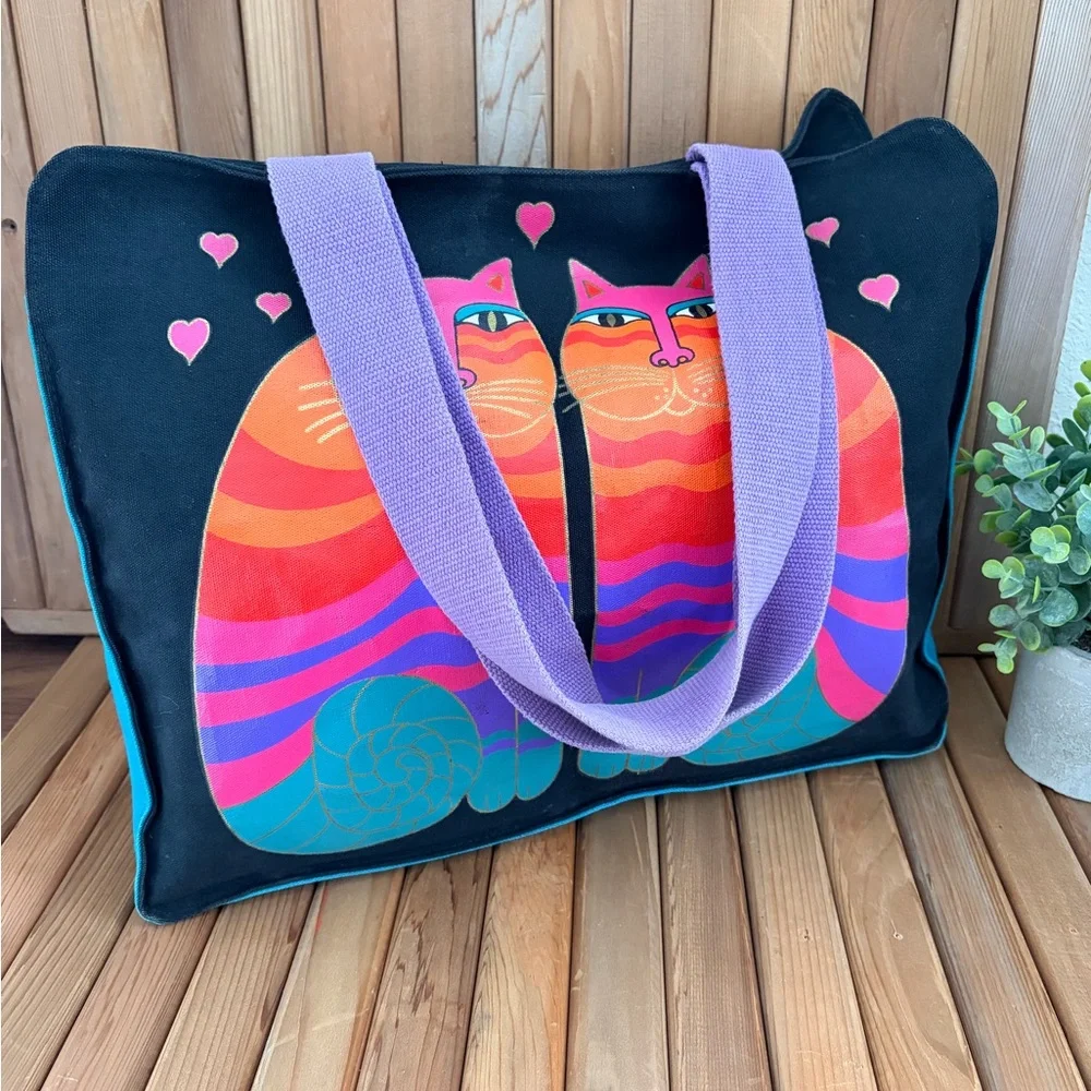 Laurel Burch Colorful Cat Canvas Tote Bag Large Folk Art Cats Like New - Picture 2 of 11